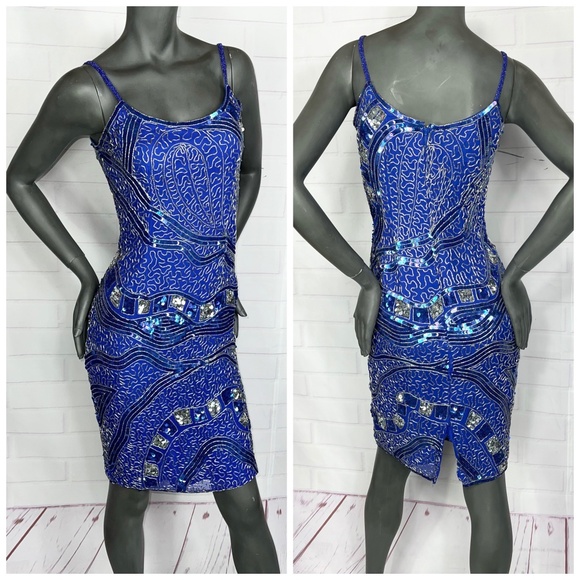 👗|•100% PURE SILK SEQUIN BEADED•| 1990s Y2K Dress Size 2-4 Small - Picture 1 of 14